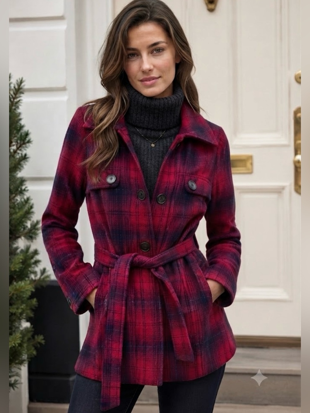 🧣 Classic Jacob Red Plaid Wool Belted Peacoat Women's Jacket, Size XS